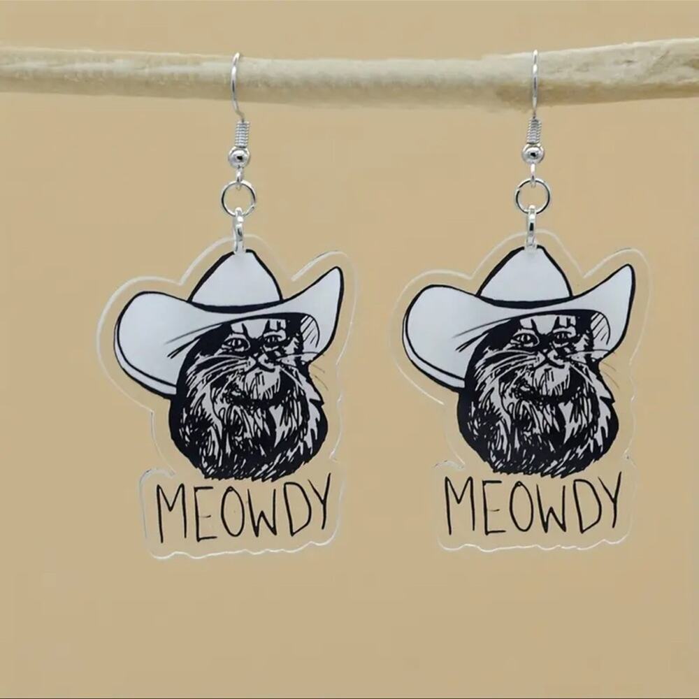 NEW Novelty Howdy Cat with Cowboy Hat Drop Earrings